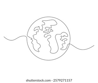 Continuous line drawing of earth planet. Single line illustration of world. Globe, geography vector outline. Editable outline