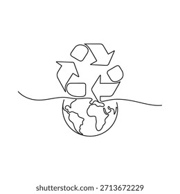 Dibujo continuo de líneas de tierra y flechas de reciclaje que promueven la sostenibilidad