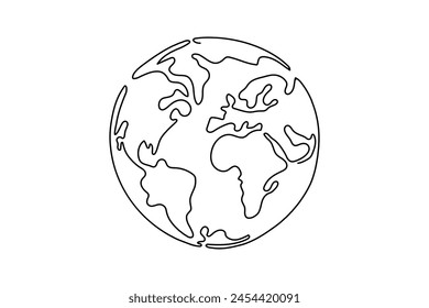 Continuous line drawing of earth vector line globe world map vector illustration.