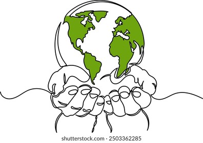 Continuous line drawing of earth vector.single-line globe world map vector illustration.hands holding Earth globe.