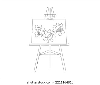 Continuous Line Drawing Of Easel On Which A Lights Bulb, Rocket Launch, Ship And Graph Going Up Inside Gears. Continuous Line Drawing. Startup Business. Vector Illustration. 