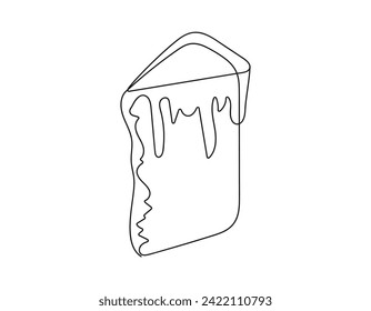 Dibujo continuo del pastel de Pascua Kulich con hielo. Un trozo de bizcocho. Ilustración vectorial negra aislada en fondo blanco. Elemento de diseño. Para imprimir, saludar, colorear libro, scrapbooking