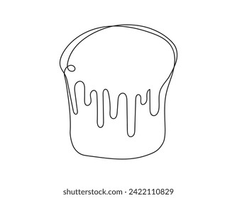Continuous line drawing of an Easter Kulich cake with icing. Traditional Ukrainian Easter cupcake. Vector illustration isolated on white background. Design element. For print, greeting, coloring book