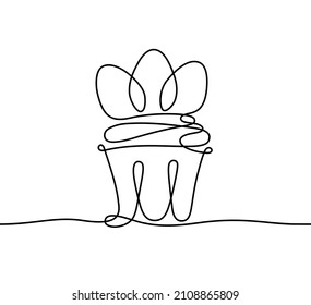 Continuous line drawing of Easter muffin, cupcake with eggs on top. Vector outline illustration of sweet pastry, cake in cup. Hand drawn sketch of bakery dessert with cream in single black contour