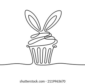 Continuous line drawing of Easter muffin, cupcake with decorative rabbit ears on top. Vector outline illustration of sweet pastry, cake in cup. Hand drawn sketch of bakery dessert in black contour