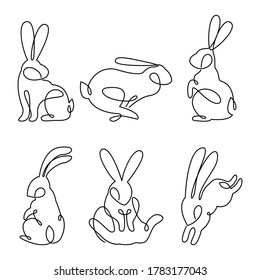 Dibujo continuo de línea de conjunto de conejo de Pascua, ilustración minimalista de vector negro y blanco dibujada a mano.