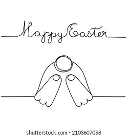 Continuous line drawing. Easter rabbit and text . Hand drawn vector illustration.
