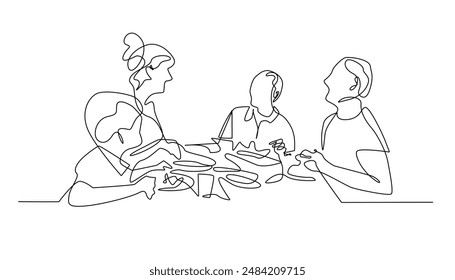 continuous line drawing of eating together.one line drawing of a family eating together.chatting at a meal together.family closeness.single line vector illustration.isolated white background