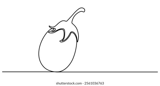 continuous line drawing eggplant illustration, Eggplant in continuous line art drawing style. Aubergine fruit black linear sketch isolated on white background. Vector illustration, One continuous line