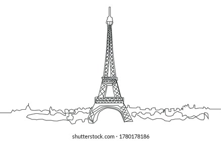 continuous line drawing of the Eiffel Tower in Paris attractions illustration