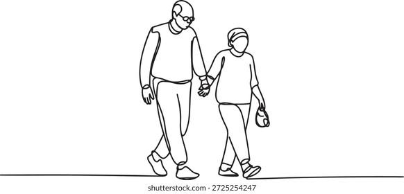 Dibujo de línea continua de una pareja de ancianos caminando de la mano. Ilustración minimalista de estilo artístico de una línea que simboliza el amor duradero, el compañerismo y el envejecimiento con gracia. Boceto de contorno perfecto para la familia, la atención médica y los diseños relacionados con la tercera edad.