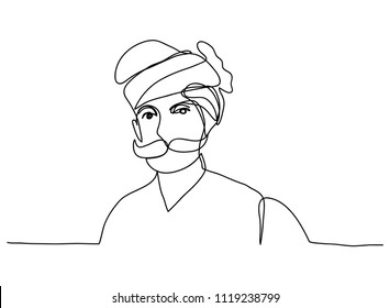 continuous line drawing of an elderly Indian man vector illustration.