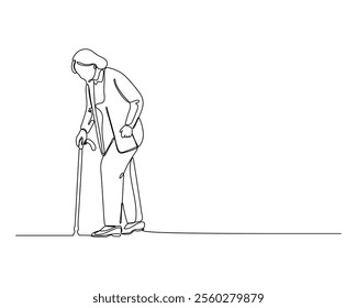 continuous line drawing of an elderly person using a cane for support, demonstrating balance and independence Clean