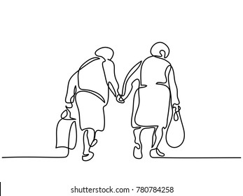 Continuous line drawing. Elderly women friends walking. Vector illustration