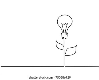 Continuous line drawing. Electic light bulb illuminated on stem of plant with leaves. Eco idea metaphor. Vector illustration