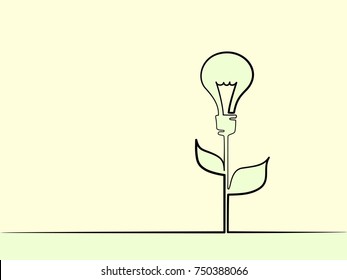 Continuous line drawing. Electic light bulb illuminated on stem of plant with leaves. Eco idea metaphor. Vector illustration