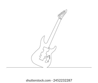 Continuous line drawing of electric guitar. One line of electric guitar. Stringed music instrument concept continuous line art. Editable outline.