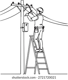Desenho de linha contínuo de um eletricista, trabalhador de serviços de utilidade pública ou trabalhador de linha numa escada, realizando trabalhos de manutenção ou instalação num poste de energia elétrica com linhas elétricas
