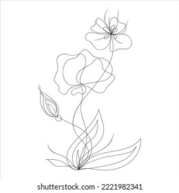 Dibujo continuo de la línea elegante flor abstracta. Tatuaje también. Esbozar arte botánico. Mínimo. Ilustración vectorial romántica en estilo doodle.