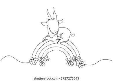 Continuous line drawing of elegant antelope with tall horns lounging on a rainbow arc decorated with blooming meadow flowers. Nature concept for cute wild animal, perfect for safari nursery prints