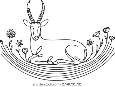 Continuous line drawing of elegant antelope with tall horns lounging on a rainbow arc decorated with blooming meadow flowers. Nature concept. one line Icon drawing
