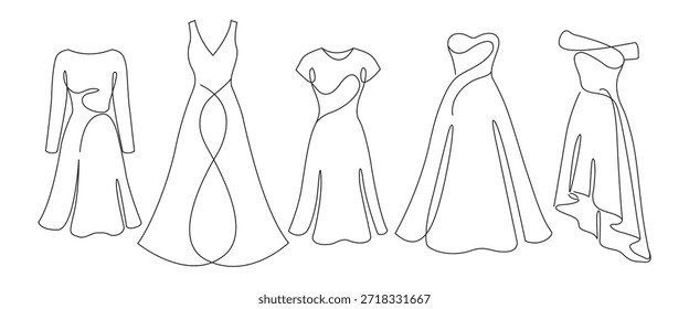 Dibujo de línea continua de vestidos femeninos elegantes, conjunto de Vectores de ilustración de moda minimalista