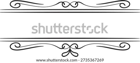 Continuous line drawing of an elegant ornamental frame featuring swirling flourishes and decorative accents. This classic border design is perfect for wedding invitations, certificates, labels, and other formal documents. Frame provides sophisticated empty space for text or imagery. It combines artistic curves with precise lines, creating a timeless and stylish aesthetic for various design projects.