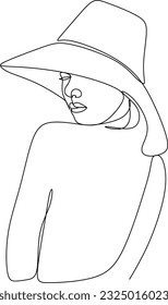 Continuous Line Drawing of Elegant Woman Head in Hat. Female Minimalistic Beauty Concept, Vector Illustration for T-shirt, Wall Decor, Print, Poster, Graphics. Woman Face Abstract Line Drawing.