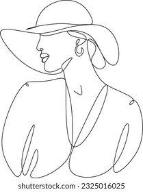 Continuous Line Drawing of Elegant Woman Head in Hat. Female Minimalistic Beauty Concept, Vector Illustration for T-shirt, Wall Decor, Print, Poster, Graphics. Woman Face Abstract Line Drawing.