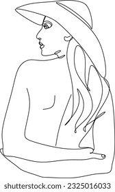 Continuous Line Drawing of Elegant Woman Head in Hat. Female Minimalistic Beauty Concept, Vector Illustration for T-shirt, Wall Decor, Print, Poster, Graphics. Woman Face Abstract Line Drawing.