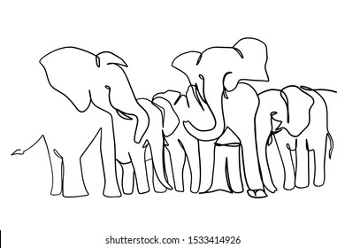 continuous line drawing of elephants wildlife vector illustration