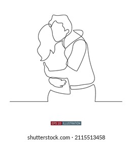 Continuous line drawing of embrace. A man hugs a woman. Template for your design works. Vector illustration.