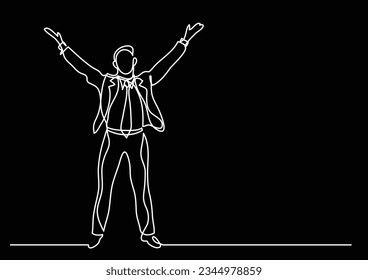 continuous line drawing of emotional business person raising hands to heaven