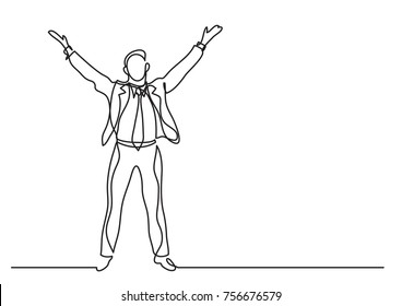 continuous line drawing of emotional business person raising hands to heaven