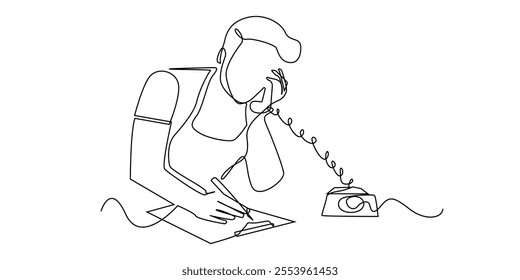 continuous line drawing of employee taking phone call and writing on clipboard.one line drawing of employee recording customer order.single line online order.isolated white background
