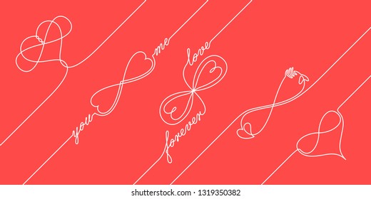 Continuous line drawing endless love concepts, one line infinite love symbol, creative synthesis of infinity sign and heart shape in a line art style, forever lasting love icons