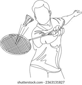 Continuous Line Drawing: Energetic Badminton Player Smashing Shuttlecock, One Single Line Illustration: Young Badminton Player in Action