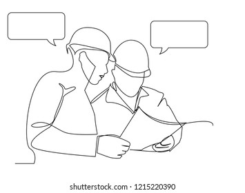 continuous line drawing engineer building
Construction supervision vector illustration simple.
with dialog speech bubbles