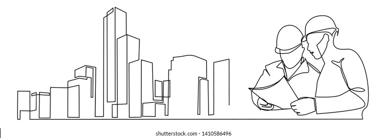 Continuous Line Drawing Engineer Building Construction Stock Vector ...