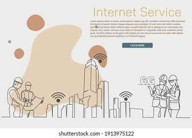 continuous line drawing engineer building Construction supervision simple. logo icon internet service internet advertising. Influencer marketing, social media or network promotion, SMM banner,