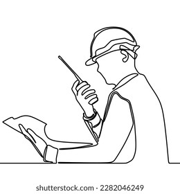 continuous line drawing of engineer professional construction worker carrying building plans