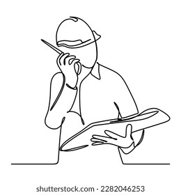 continuous line drawing of engineer professional construction worker carrying building plans