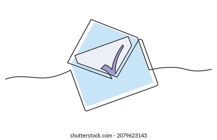 Continuous line drawing of envelope. Check mark inside a envelope. Vector illustration
