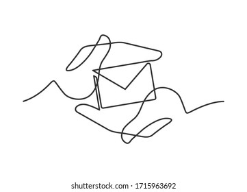 Continuous line drawing of envelope in hands. Envelope between two  human hands meaning care and love. Vector illustration