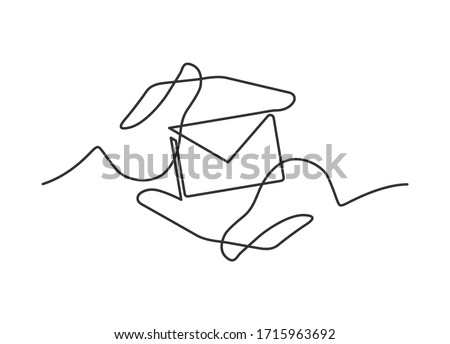 Continuous line drawing of envelope in hands. Envelope between two  human hands meaning care and love. Vector illustration