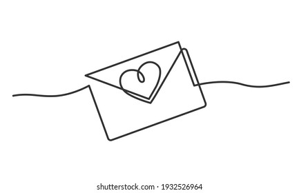 Continuous line drawing of envelope with heart. Valentine's day. Template for love cards and invitations. Isolated on white background. Vector illustration.