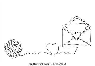 Continuous line drawing of envelope with  heart. Valentine's day. Template for love cards and invitations. Isolated on white background. Vector illustration.
