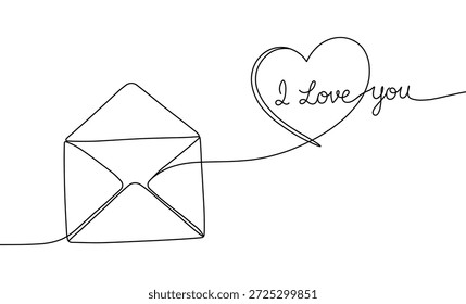 Dibujo de línea continua de un sobre con un corazón y me encanta la ilustración del mensaje