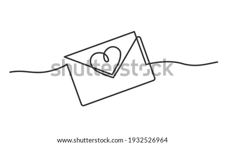 Continuous line drawing of envelope with heart. Valentine's day. Template for love cards and invitations. Isolated on white background. Vector illustration.