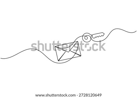 Continuous line drawing of an envelope and a key on a wavy line